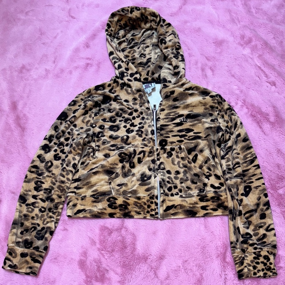 Juicy Couture Tan and Black Cropped Animal Print Zippered Velour Hoodie